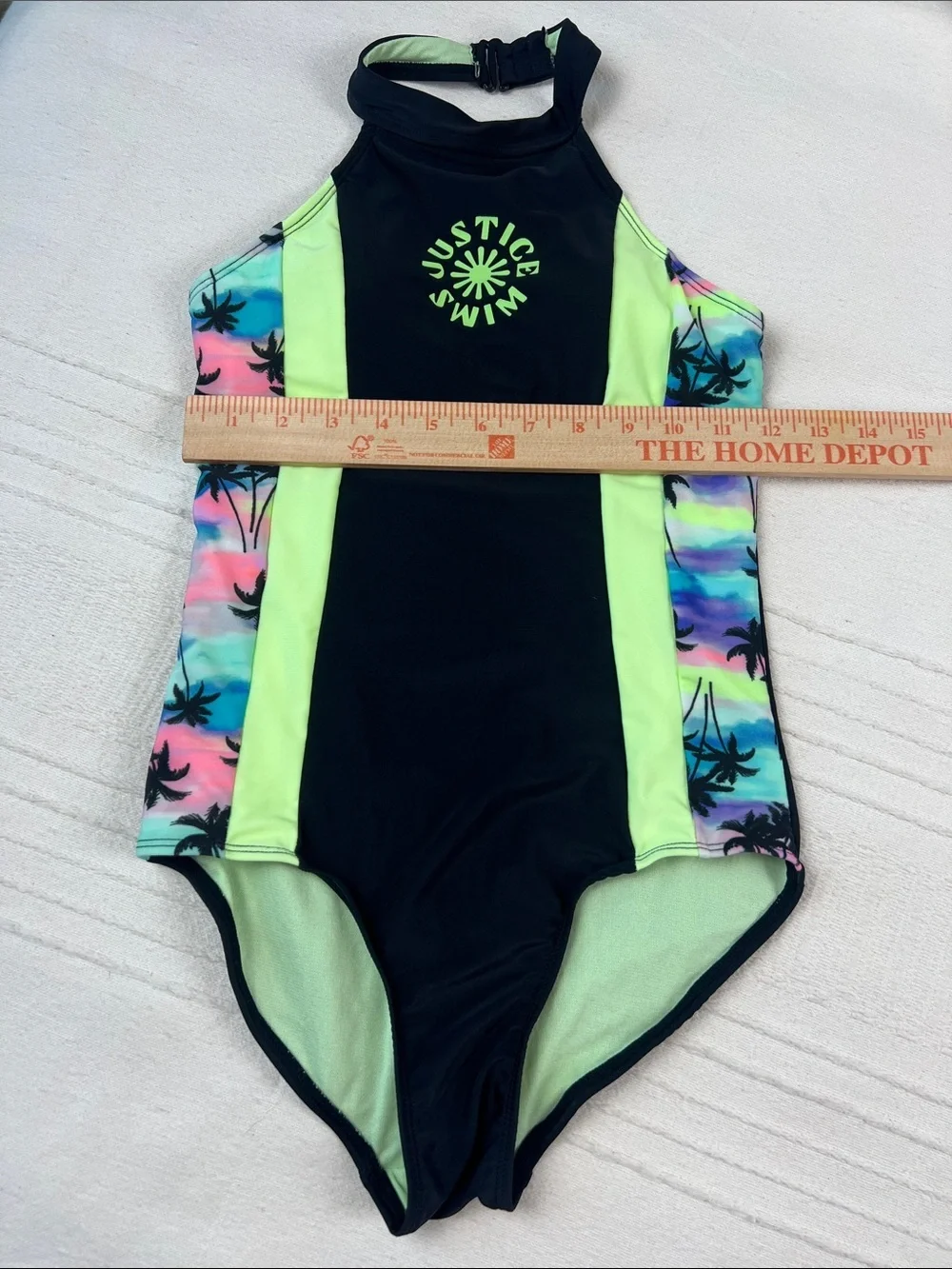 Justice Girls' Black & Lime Green One-Piece with Pastel Palm Print